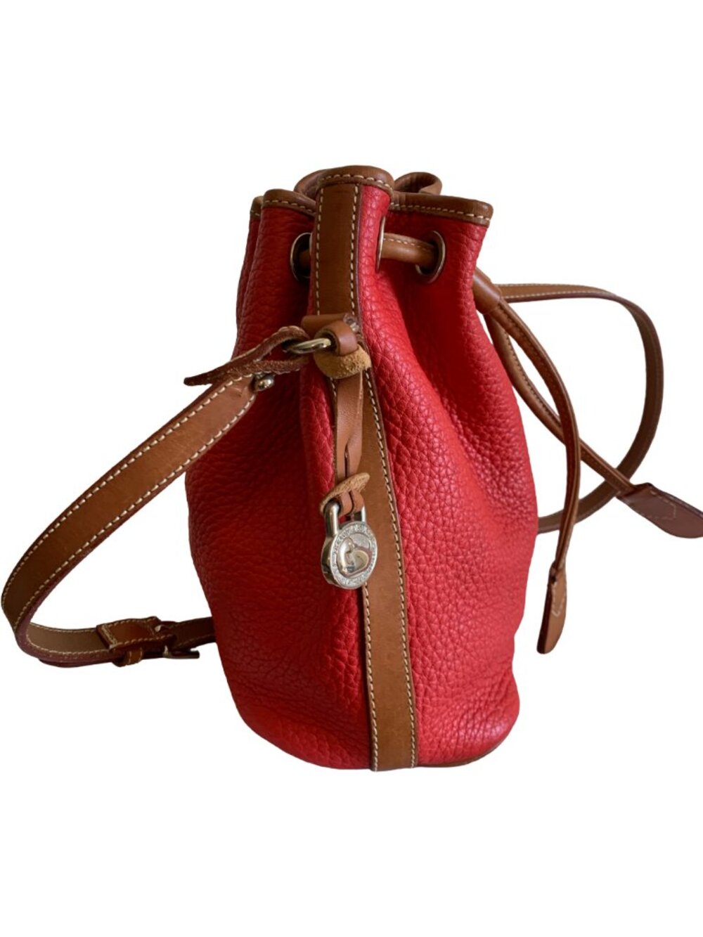 DOONEY & BOURKE Vintage Red & Tan Small Drawstring Bucket Pebbled Leather Bag - Picture 2 of 11